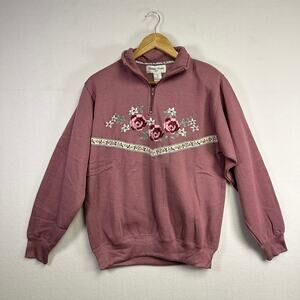 Woman's Vintage Pink Embroidered ￼ Sweatshirt - Medium Grandma Style